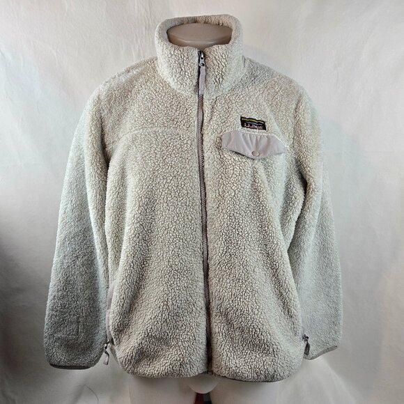 LL Bean Jacket Women XL Petite Beige Sherpa Fleece Full Zip Hi Pile Outdoor Coat - Picture 1 of 9